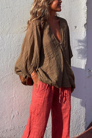 Kenny Linen Blend Button A-line Loose Blouse