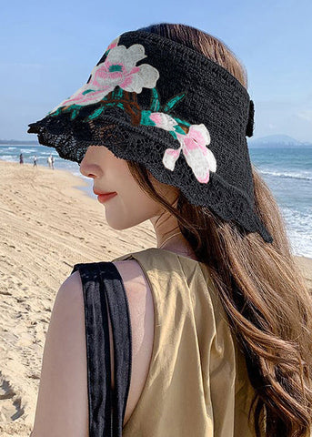 Sombrero flexible para el sol de algodón tejido con bordado floral color caqui 