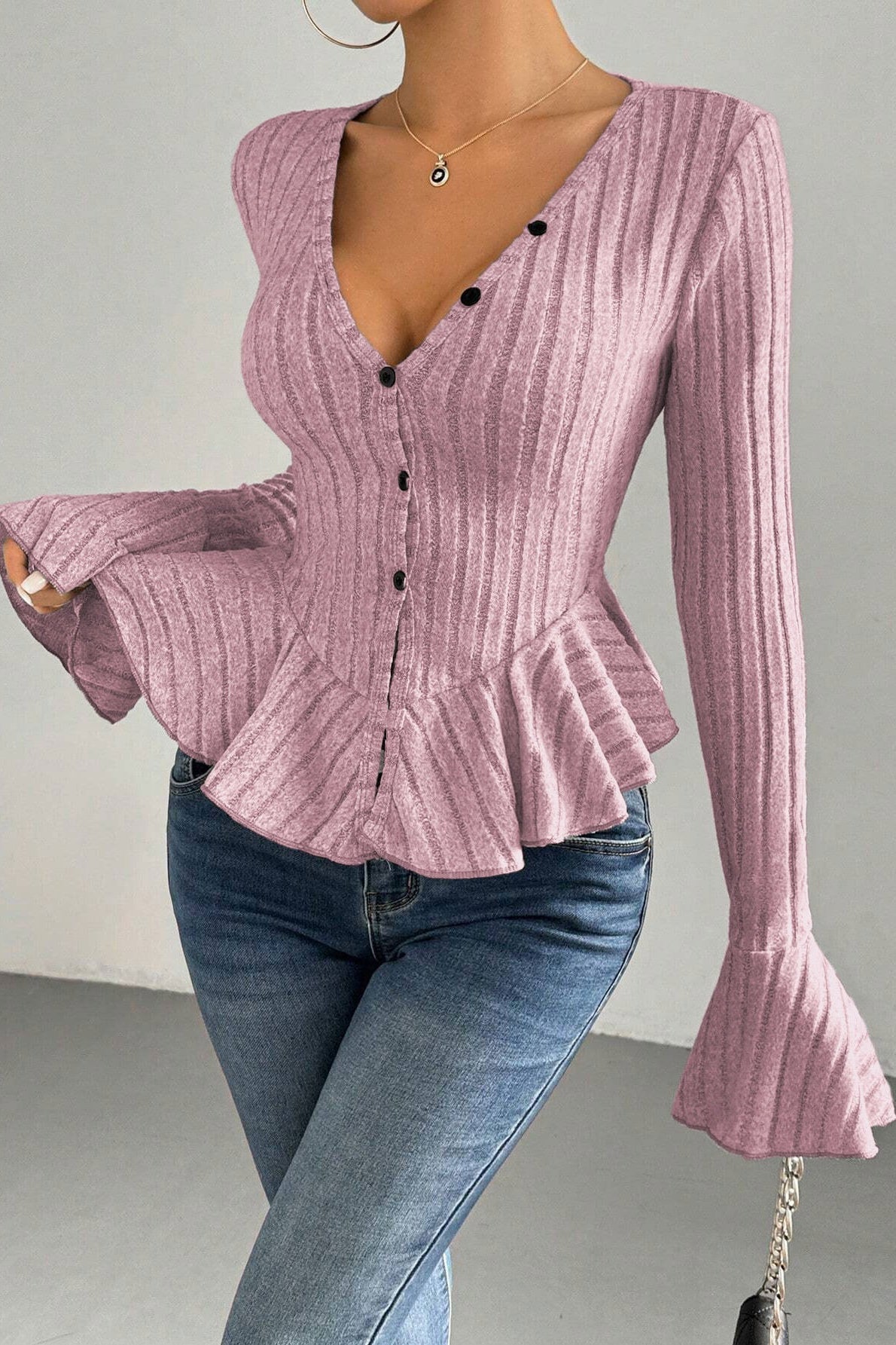 Flounced V-Neck Bodycon Knit Top
