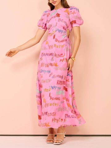 Vestido midi con estampado único, mangas abullonadas y cintura con cordón