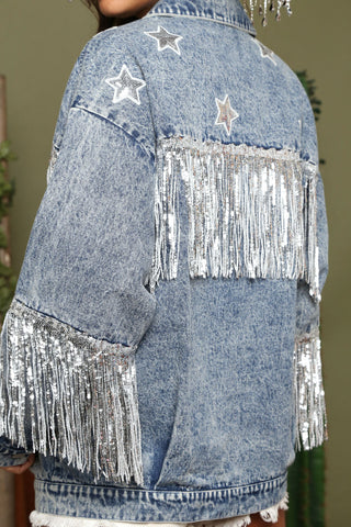 Chaqueta vaquera con borlas y estampado de estrellas para otoño e invierno, para mujer