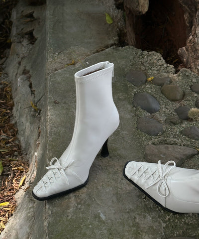 Boutique Splicing High Heel Stiefel Weiß Kunstleder Schleife 