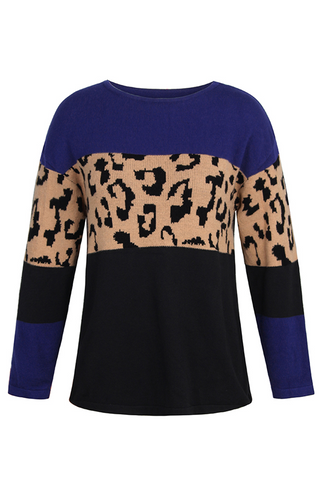 Casual Leopard Patchwork Contrast O Neck Sweaters(4 Colors)
