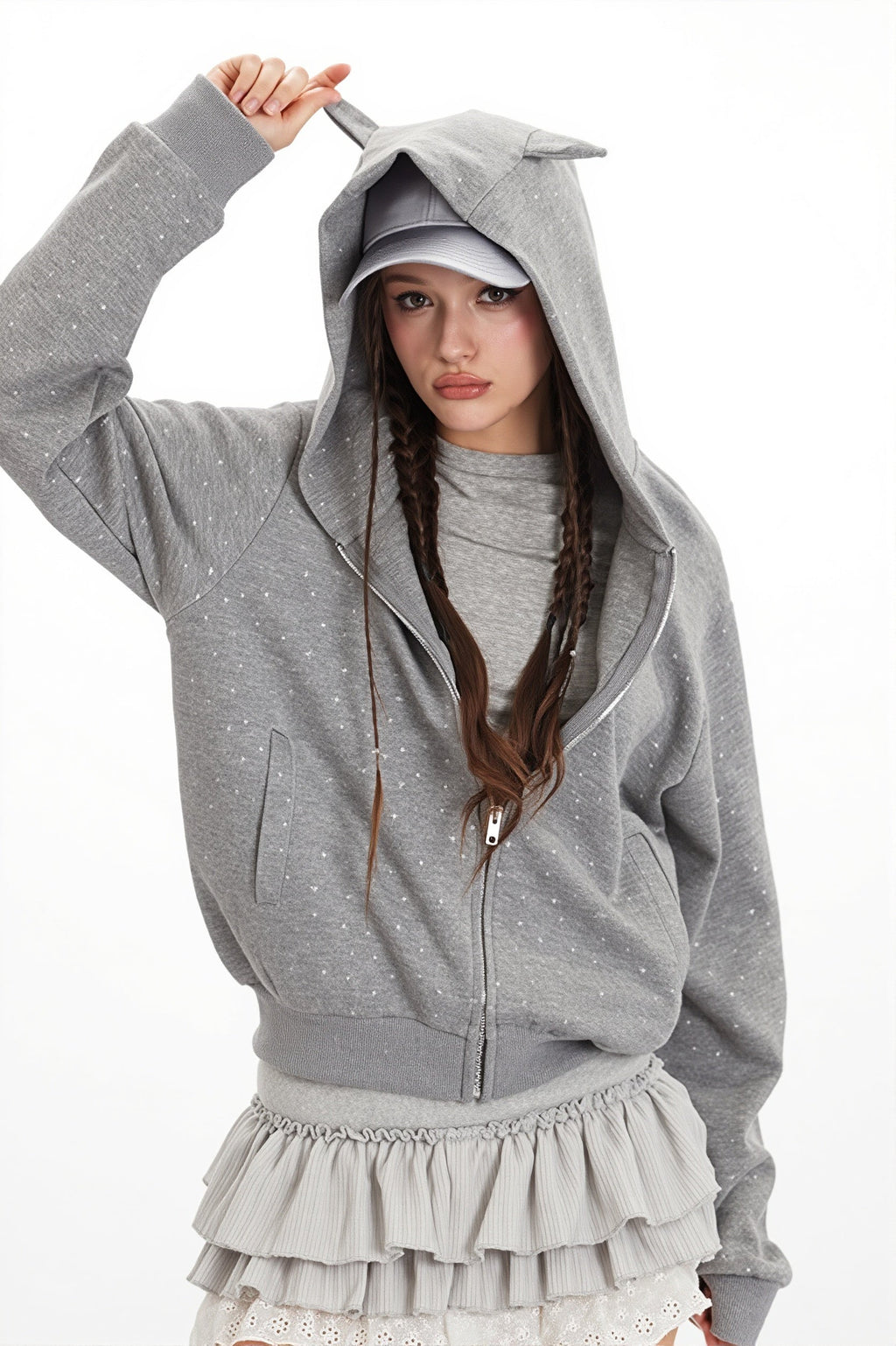 Star Print Ear Decor Cropped Hoodie
