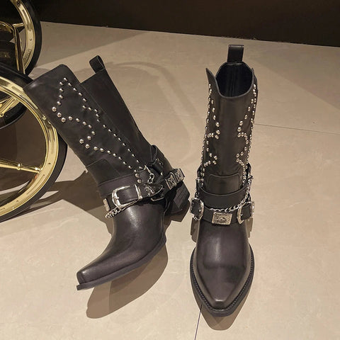 Chelsea-Stiefel mit mittlerem Absatz für Damen, Kettenschuhe, Winterstiefel mit klobiger Wadenmitte, 2024, Designer, neuer Trend, Mujer Pumps, kurze Stiefel 
