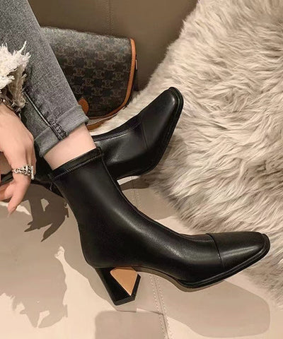 Botas francesas de piel de vacuno negra con tacón grueso y entretejido 