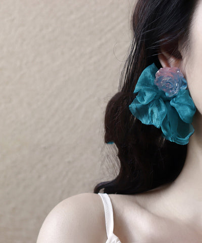 Chic Blue Chiffon Patchwork Resin Floral Bow Hoop Earrings