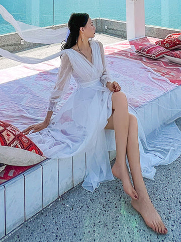 White Maxi Dress Long Sleeves Crepe Chiffon Beach Wedding Dress