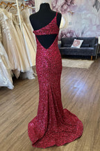 Meerjungfrauen-Abendkleid aus burgunderrotem Paillettenkleid mit One-Shoulder-Verschluss und Schlitz vorne