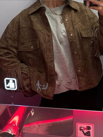 Chaqueta corta con flecos y solapa estilo vaquero occidental 