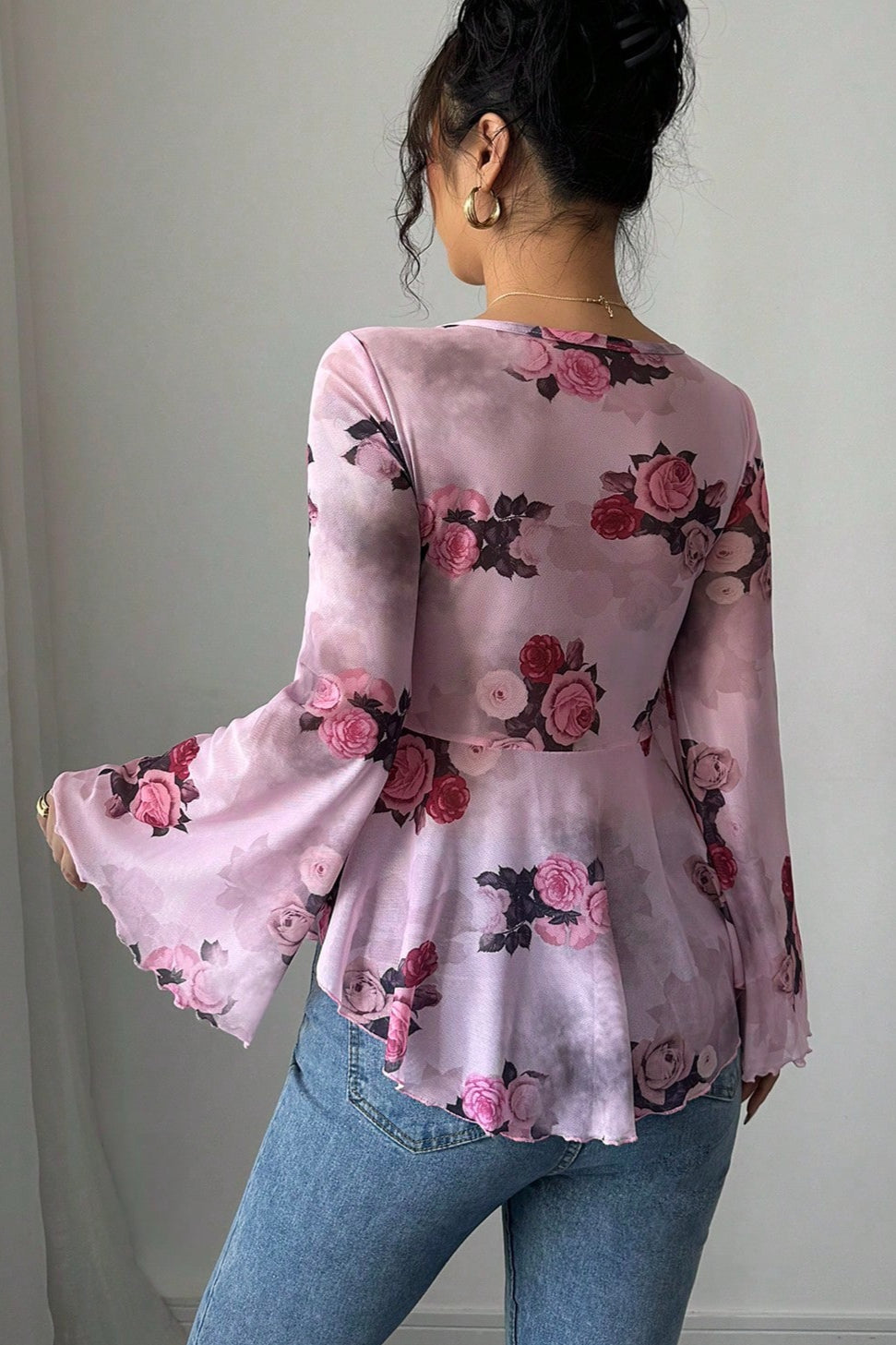 Floral Tie Dye Square Neck Tie Long Sleeve Blouse