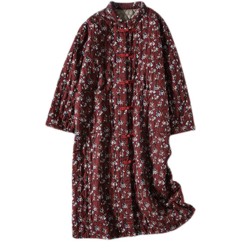 Vestido de lino y algodón acolchado con estampado floral retro de invierno 