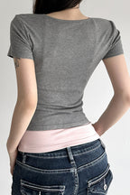 Color Contrast Two Piece Slim Blouse