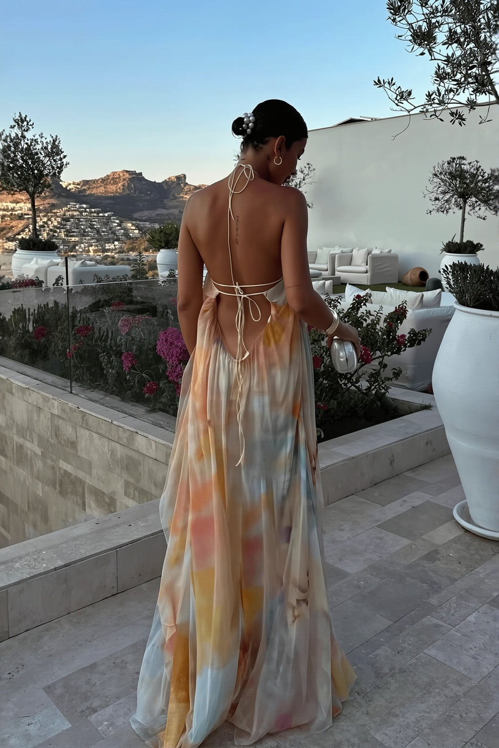 Chiffon Printed Halter Backless Maxi Dress