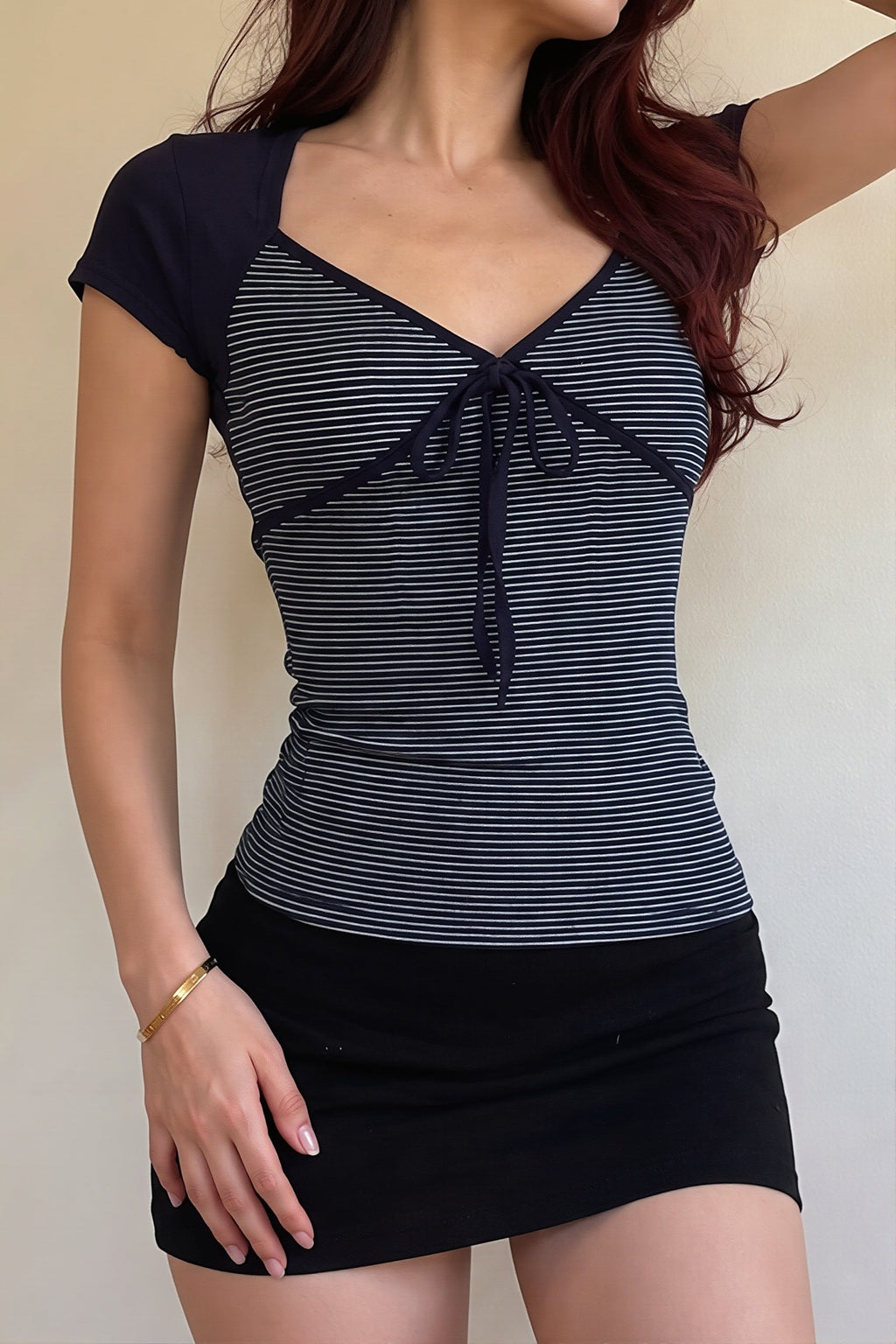 Striped Color Block Tie Fake Two Blouse