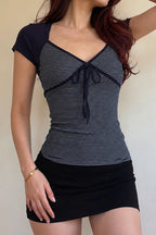 Striped Color Block Tie Fake Two Blouse