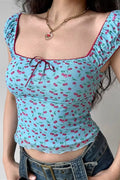 Sweet Bow Cherry Puff Sleeve Blouse