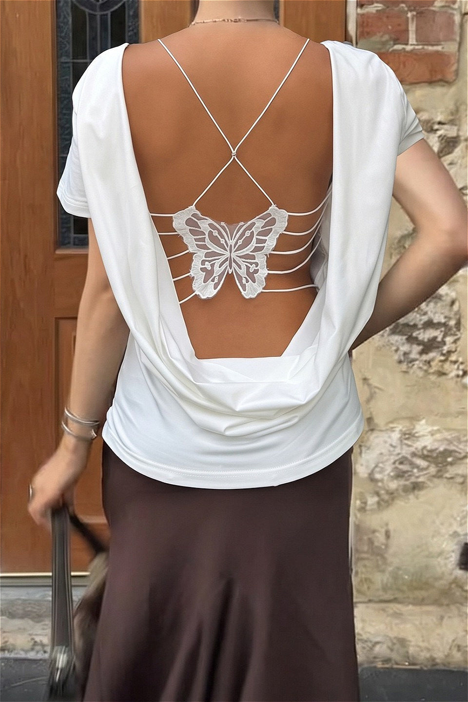 Solid Color Bow Tie Backless T‑shirt