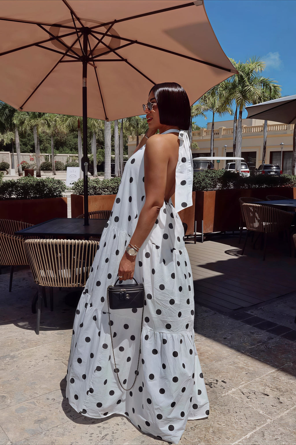 Elegant African Polka Dot Patchwork Halter Neck Swing Maxi Dress