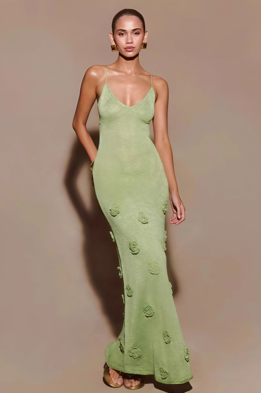 Solid Slim Knit Cami V Neck Maxi Dress