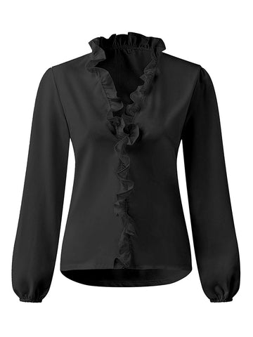 Blusas Falbala de color liso con cuello en V y mangas abullonadas 