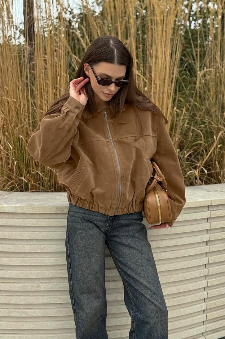 Vintage Suede Zip Front Relaxed Jacket
