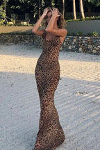Leopard Print Backless Slim Strap Maxi Dress