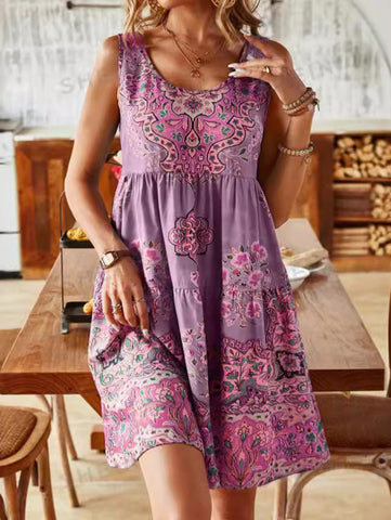 Vestido mini bohemio sin mangas con estampado floral y escote redondo 
