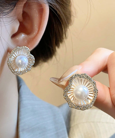 Pendientes de aleación de circonita y perla estilo champán 