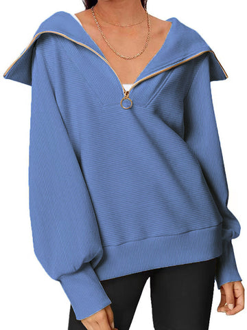 Long Sleeves Loose Solid Color Zipper Lapel Sweatshirt Tops