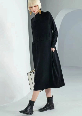 Vestido tipo suéter de punto de lana lisa con cuello de tortuga y patchwork de color chocolate bohemio y manga larga 