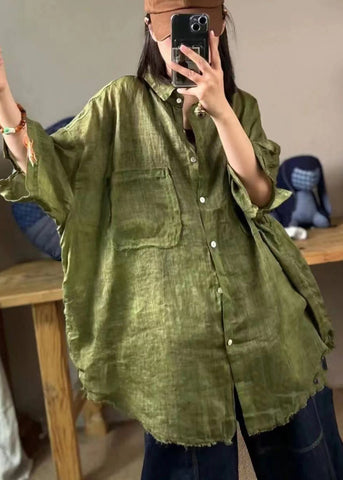 Plus Size Damen Grünes Peter Pan Kragen Leinenhemd Tops Halbarm 