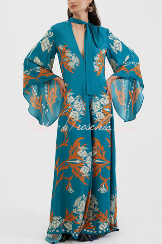 Shine The Light Unique Printed High Neck Bell Sleeve Loose Maxi Dress