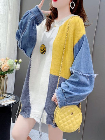 Denim Patchwork Long Sleeve Sweater