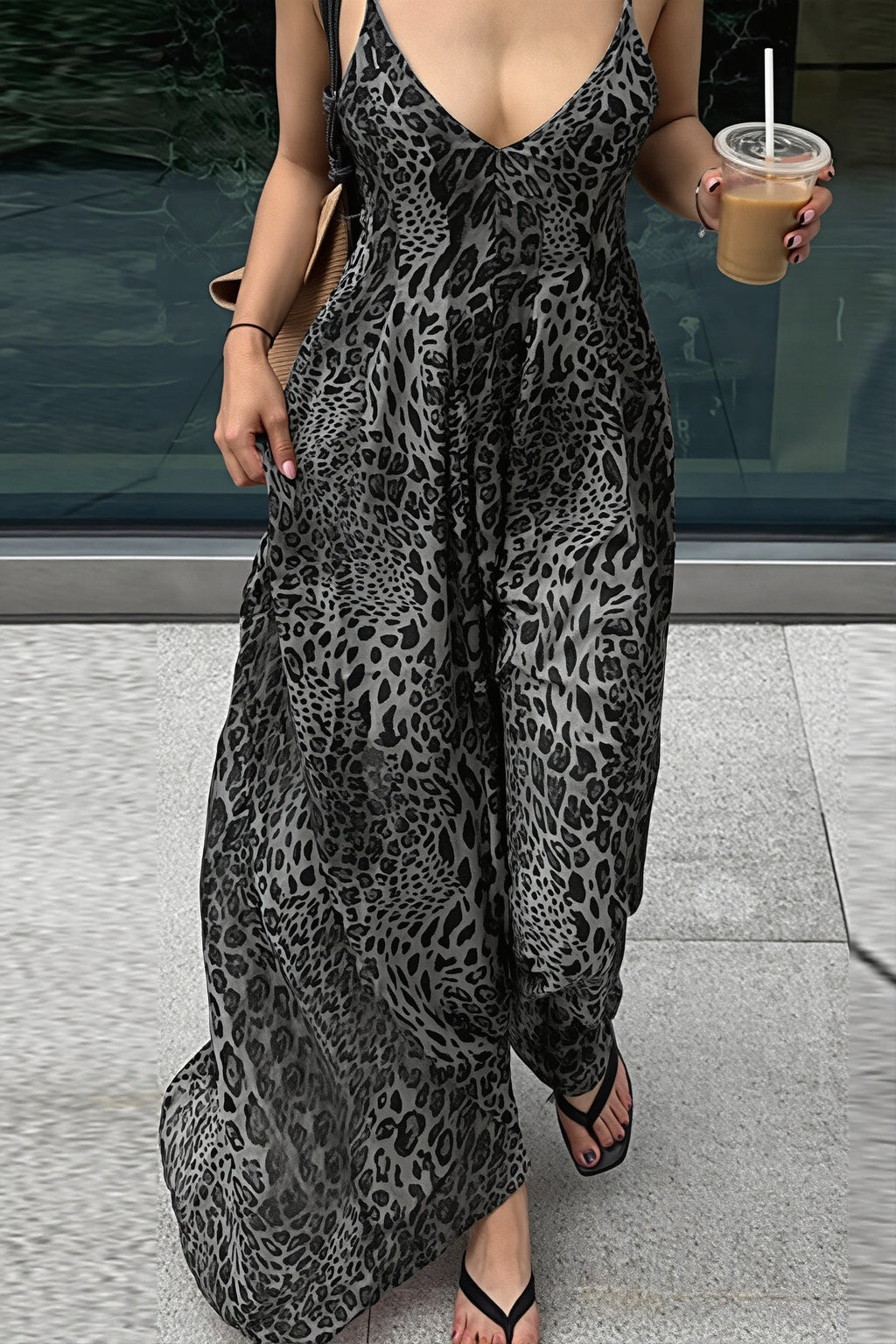 Leopard Print V Neck Backless Cami Vacation Maxi Dress