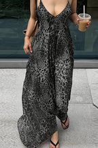 Leopard Print V Neck Backless Cami Vacation Maxi Dress
