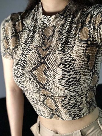 2024 Top corto sexy para mujer, camiseta sin mangas con estampado de serpiente, camiseta ajustada de cuello alto, camiseta sin mangas corta estilo Harajuku, camisetas para mujer y niña 