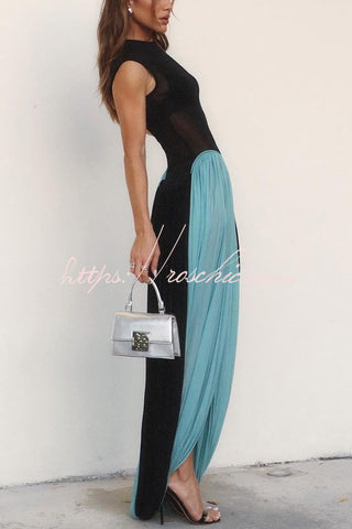 Lynelle Round Neck Sleeveless Contrast Hem Sexy Slim Fit Drape Maxi Dress