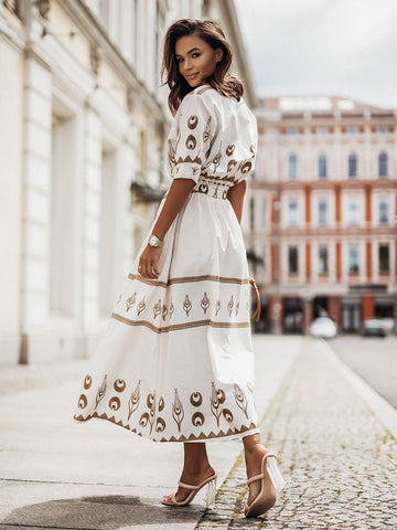 Maxi Dress Stand Collar Half Sleeves Linen Sexy Floral Print Drawstring Floor Length Dress