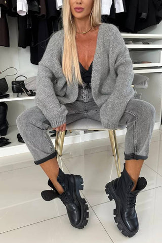 Explore Autumn Knit Open Front Long Balloon Sleeve Loose Cardigan