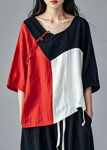 Neu Schwarzes asymmetrisches Patchwork-Baumwolltop mit Armbandärmeln 