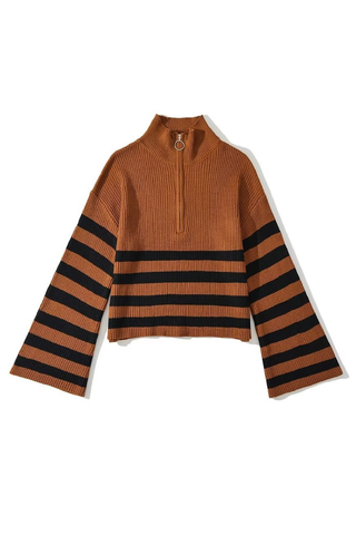 Turtleneck Zipper Striped Cardigan Sweater