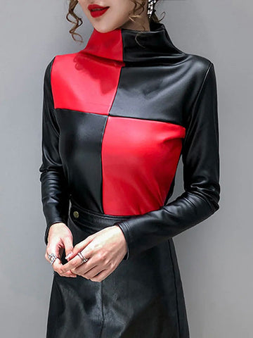 Long Sleeves Skinny Asymmetric Contrast Color High Neck T-Shirts Tops