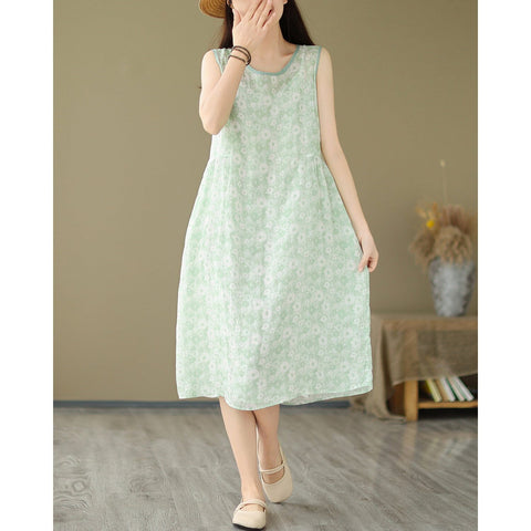 Summer Stylish Casual Sleeveless Linen Floral Dress