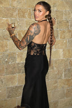 Sexy Sheer Lace Halter Open Back Bodycon Maxi Dress