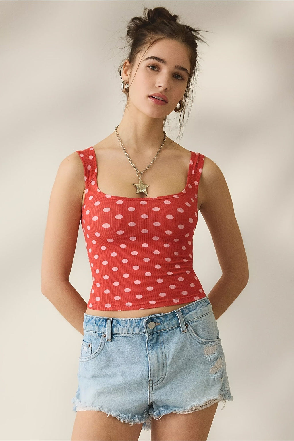 Vintage Dot Ribbed Square Neck Fitted Tank Top