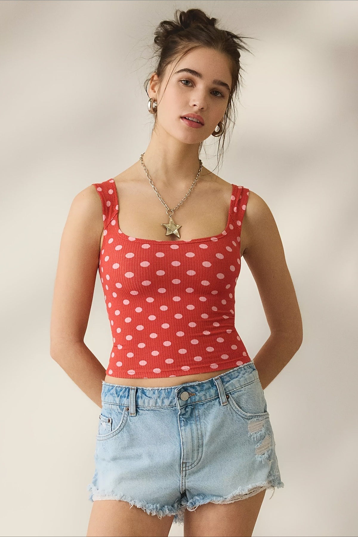 Vintage Dot Ribbed Square Neck Fitted Tank Top