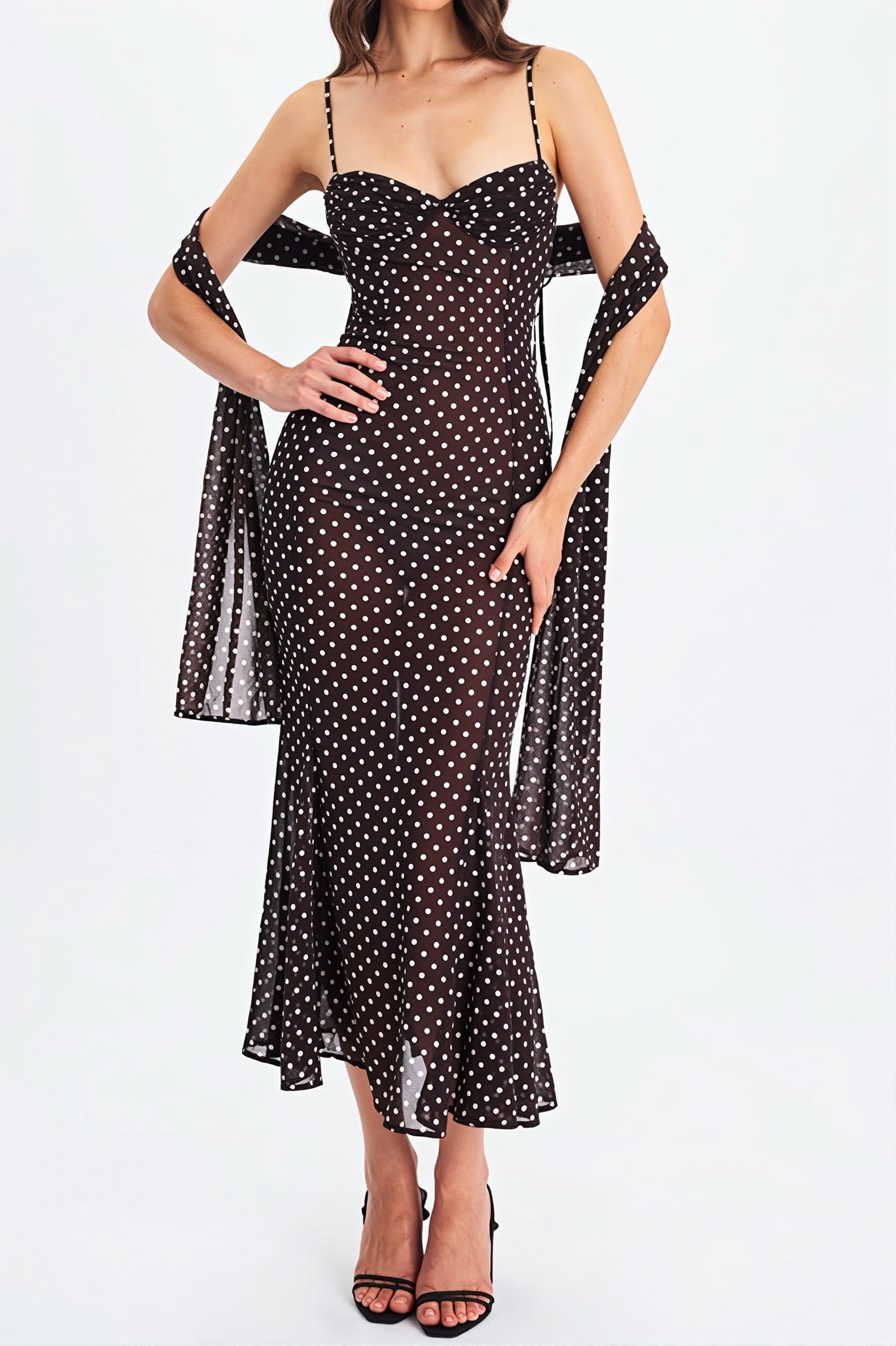 Polka Dot  Ribbon Sheer Bodycon Maxi Dress