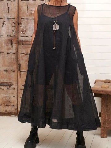 Vestido midi de corte A, suelto, con bolsillos, transparente, color liso, cuello redondo 