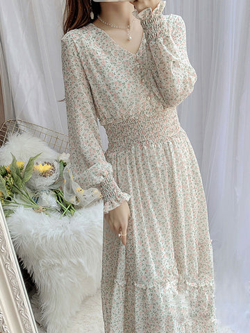 Classic Floral Ruffle Chiffon Dress-Pink
